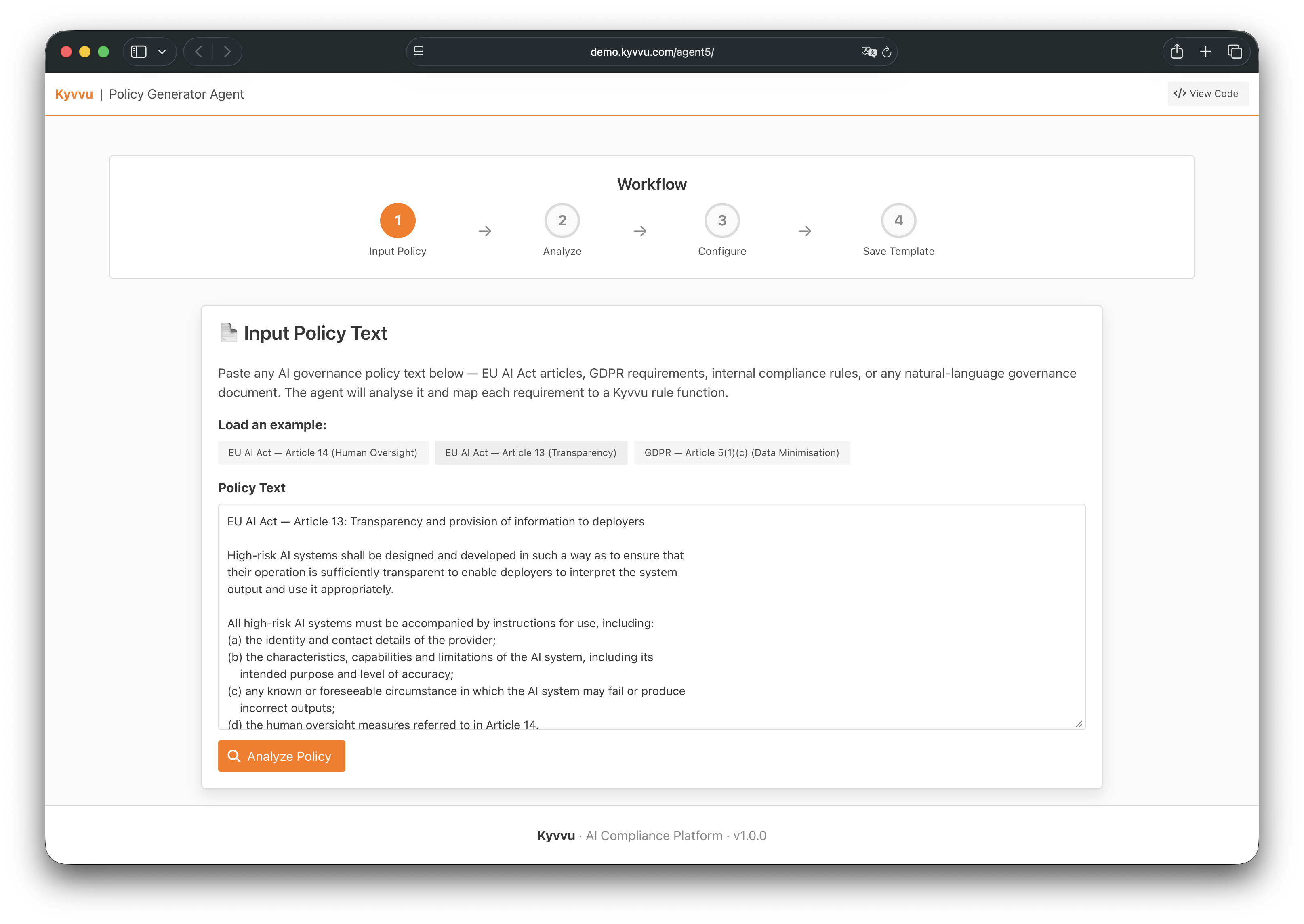 Policy Generator Agent — Input step