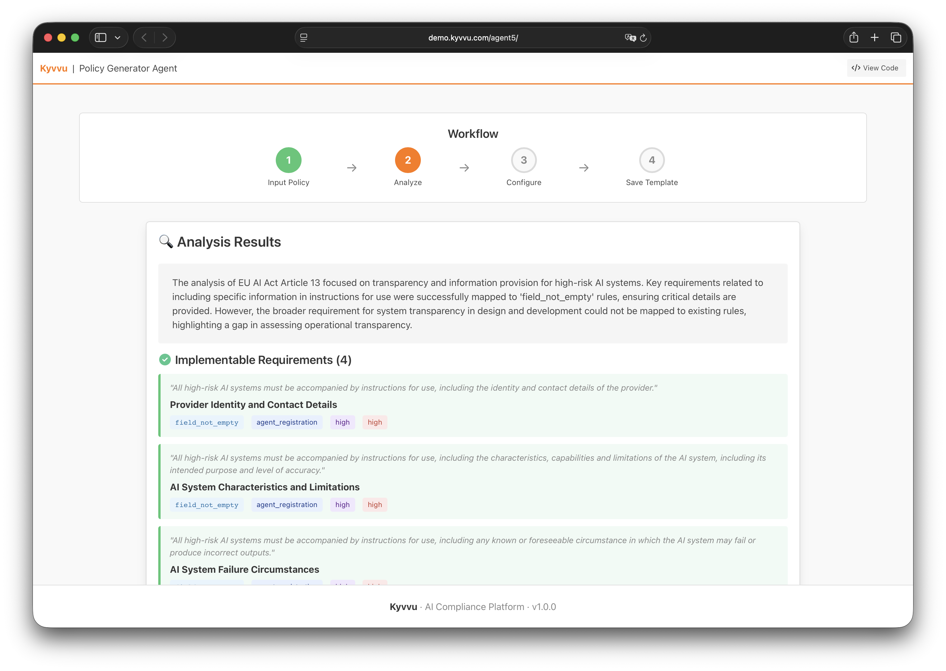 Analysis results — requirements mapped to rule functions