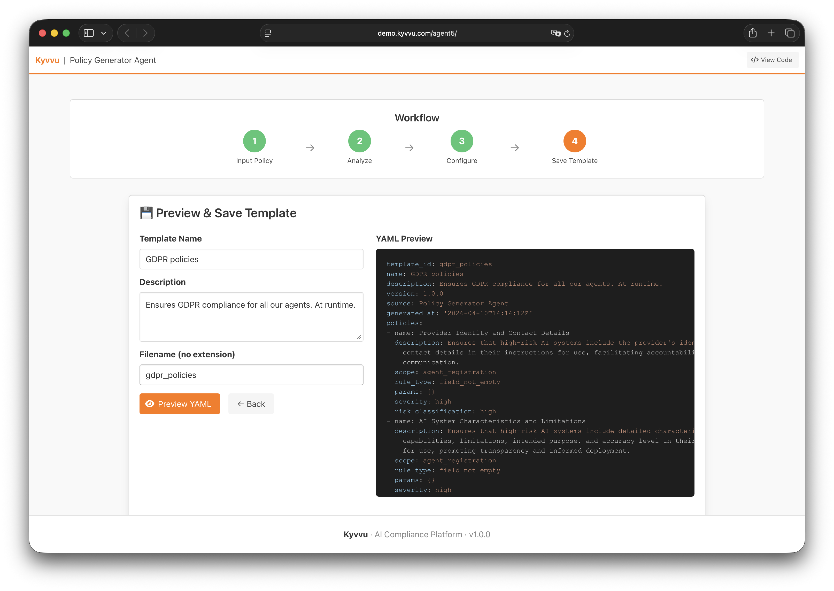 YAML template preview — GDPR policies